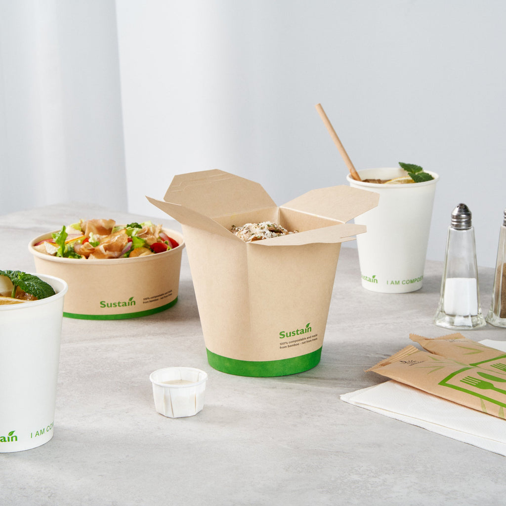 Sustain 32 oz Round Bamboo Paper Noodle Take Out Container - with PLA Lining, Compostable - 4" x 3 1/2" x 4 1/2" - 200 count box