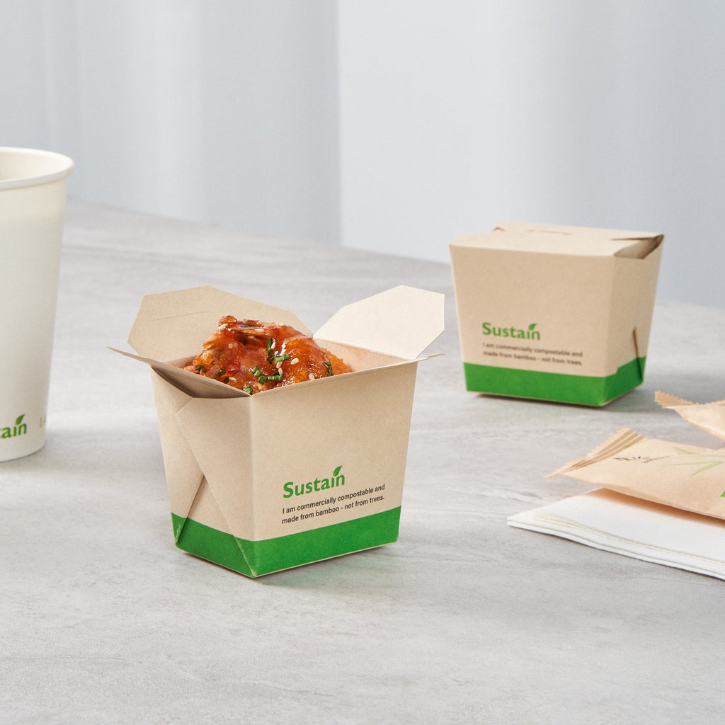 Sustain 8 oz Square Bamboo Paper Noodle Take Out Container - with PLA Lining, Compostable - 2 3/4" x 2 1/4" x 2 1/2" - 50 count box