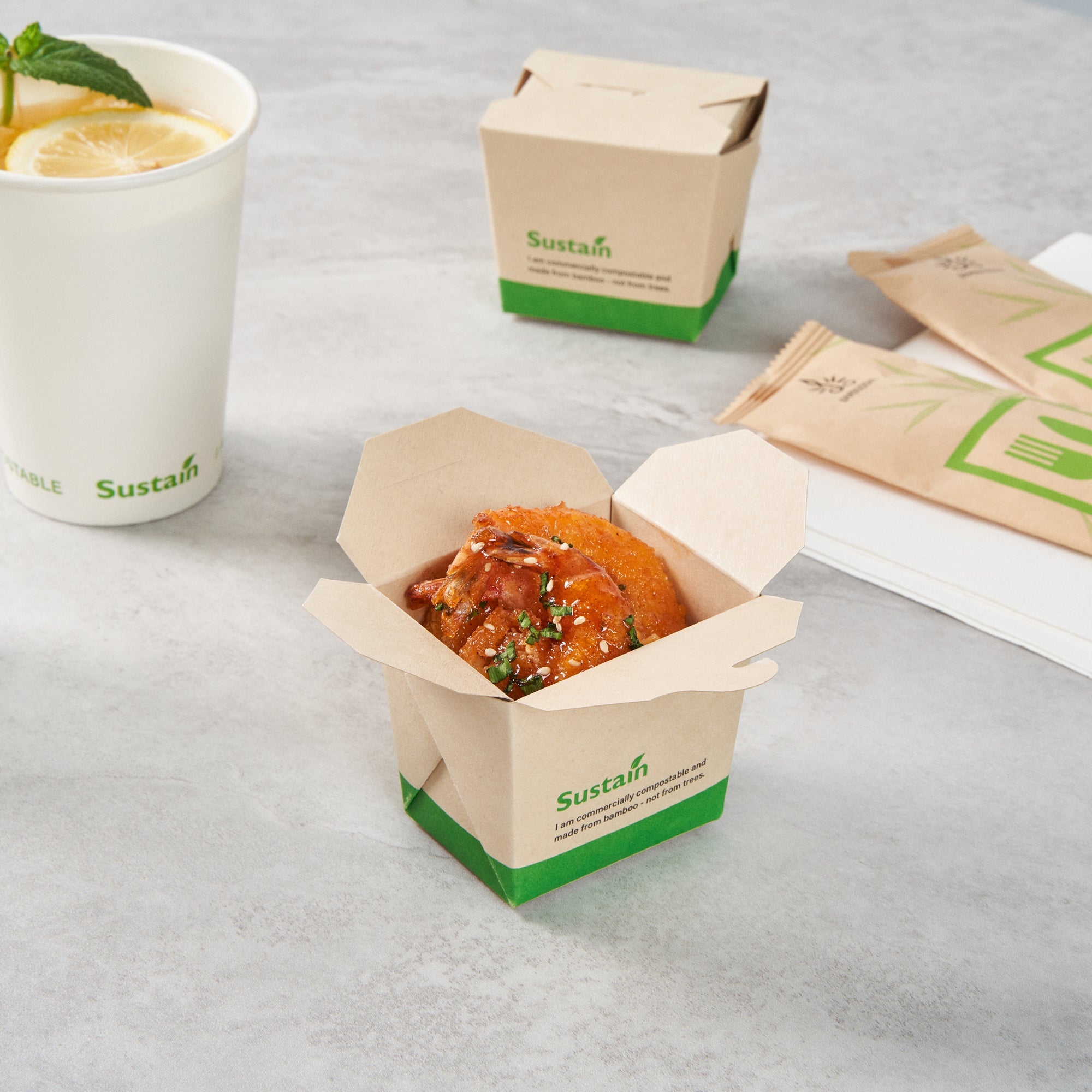 Sustain 8 oz Square Bamboo Paper Noodle Take Out Container - with PLA Lining, Compostable - 2 3/4" x 2 1/4" x 2 1/2" - 50 count box