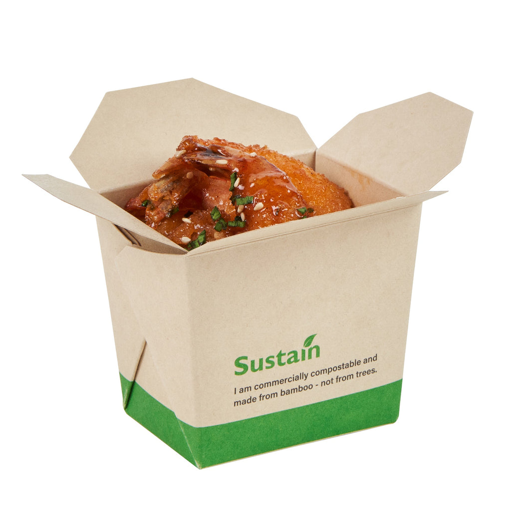 Sustain 8 oz Square Bamboo Paper Noodle Take Out Container - with PLA Lining, Compostable - 2 3/4" x 2 1/4" x 2 1/2" - 200 count box
