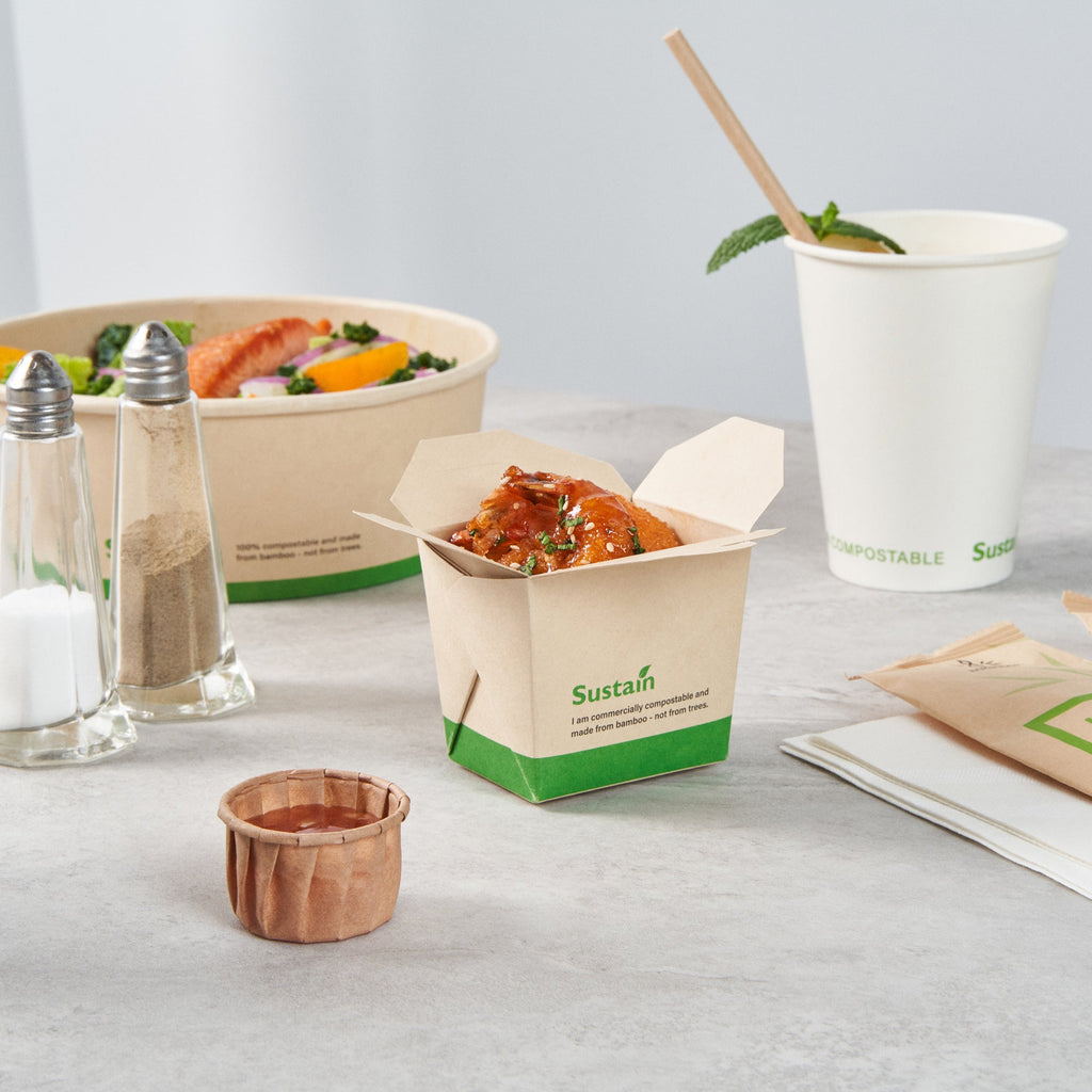 Sustain 8 oz Square Bamboo Paper Noodle Take Out Container - with PLA Lining, Compostable - 2 3/4" x 2 1/4" x 2 1/2" - 200 count box