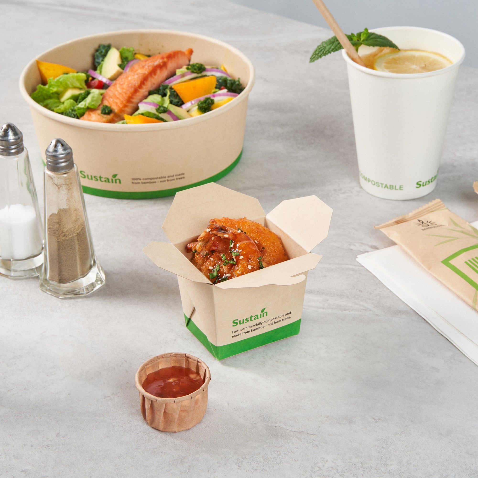 Sustain 8 oz Square Bamboo Paper Noodle Take Out Container - with PLA Lining, Compostable - 2 3/4" x 2 1/4" x 2 1/2" - 200 count box