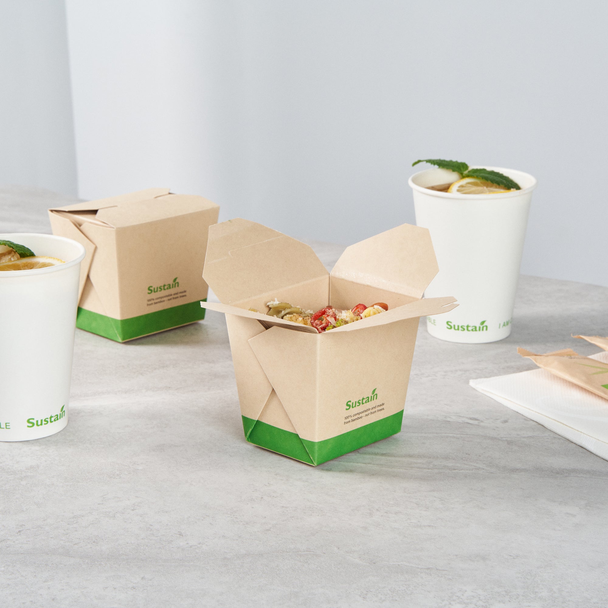 Sustain 16 oz Square Bamboo Paper Noodle Take Out Container - with PLA Lining, Compostable - 3 1/2" x 3" x 3 1/4" - 200 count box