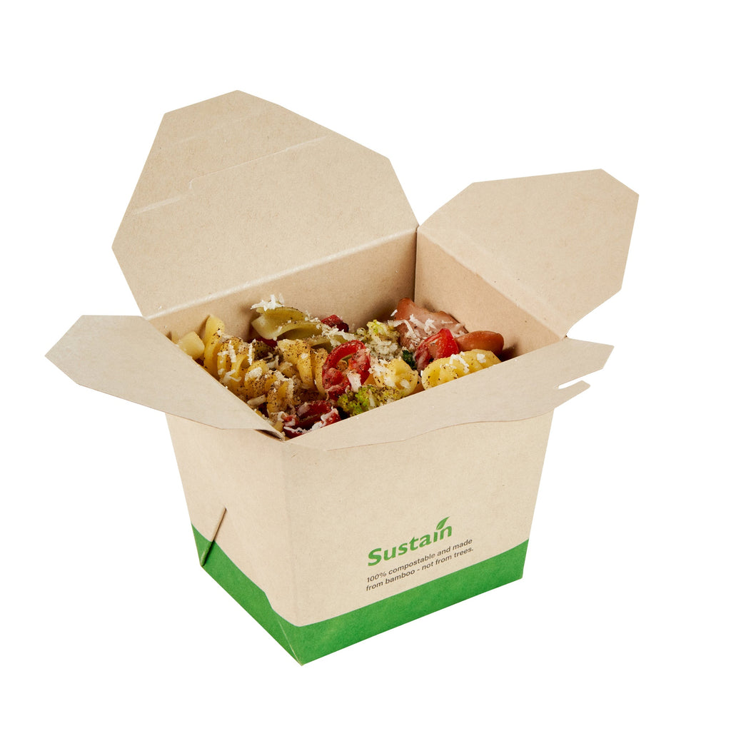 Sustain 16 oz Square Bamboo Paper Noodle Take Out Container - with PLA Lining, Compostable - 3 1/2" x 3" x 3 1/4" - 50 count box