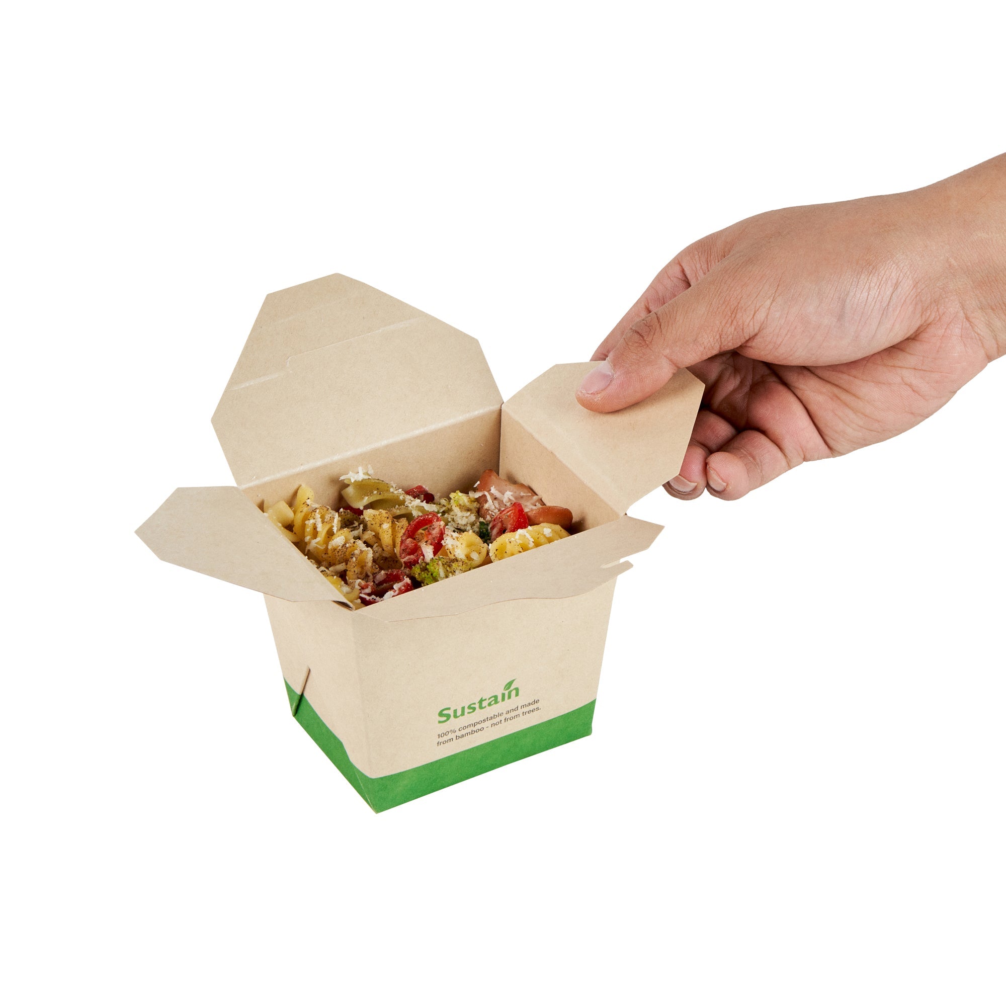 Sustain 16 oz Square Bamboo Paper Noodle Take Out Container - with PLA Lining, Compostable - 3 1/2" x 3" x 3 1/4" - 50 count box
