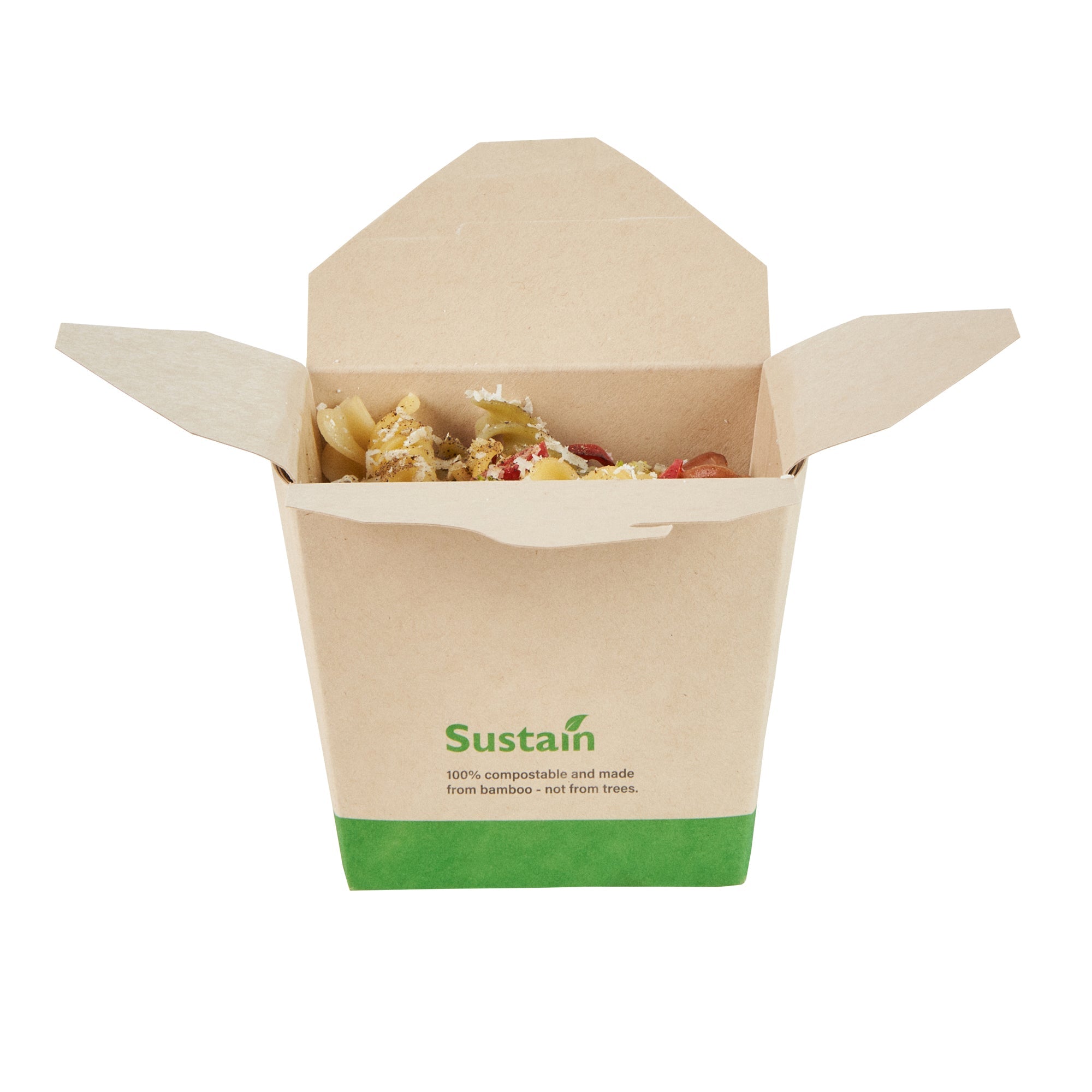 Sustain 16 oz Square Bamboo Paper Noodle Take Out Container - with PLA Lining, Compostable - 3 1/2" x 3" x 3 1/4" - 50 count box