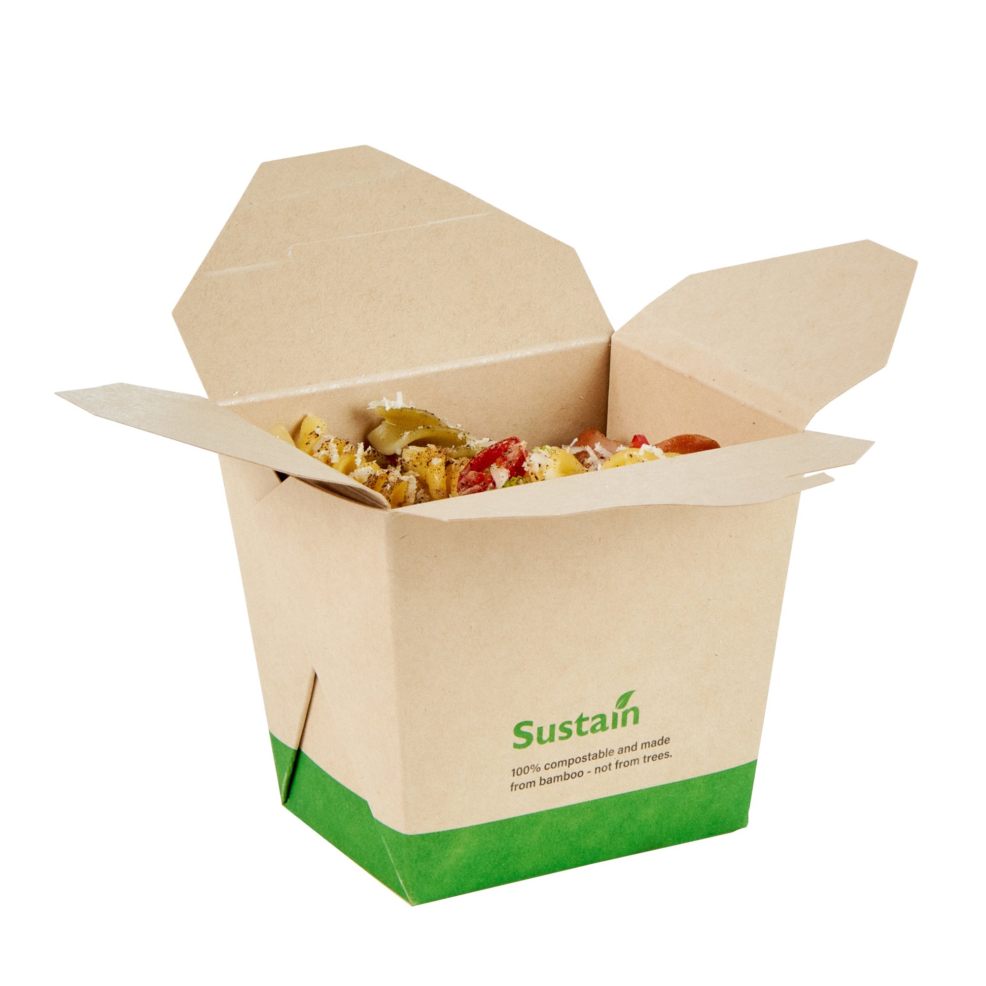 Sustain 16 oz Square Bamboo Paper Noodle Take Out Container - with PLA Lining, Compostable - 3 1/2" x 3" x 3 1/4" - 50 count box