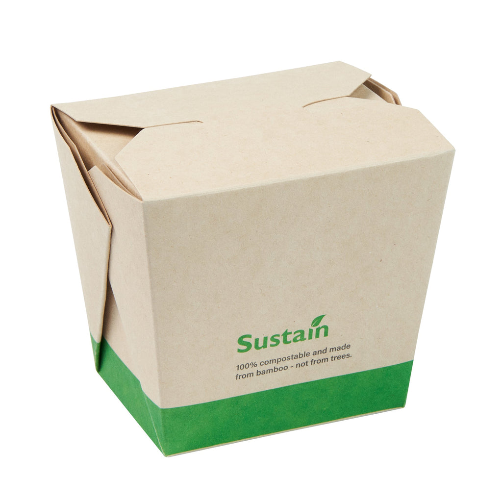 Sustain 16 oz Square Bamboo Paper Noodle Take Out Container - with PLA Lining, Compostable - 3 1/2" x 3" x 3 1/4" - 50 count box