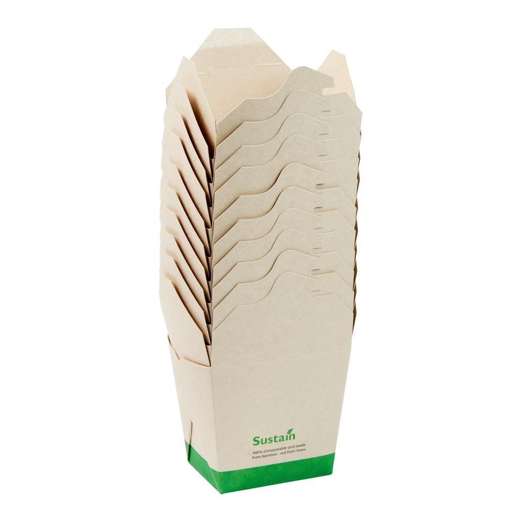 Sustain 16 oz Square Bamboo Paper Noodle Take Out Container - with PLA Lining, Compostable - 3 1/2" x 3" x 3 1/4" - 50 count box