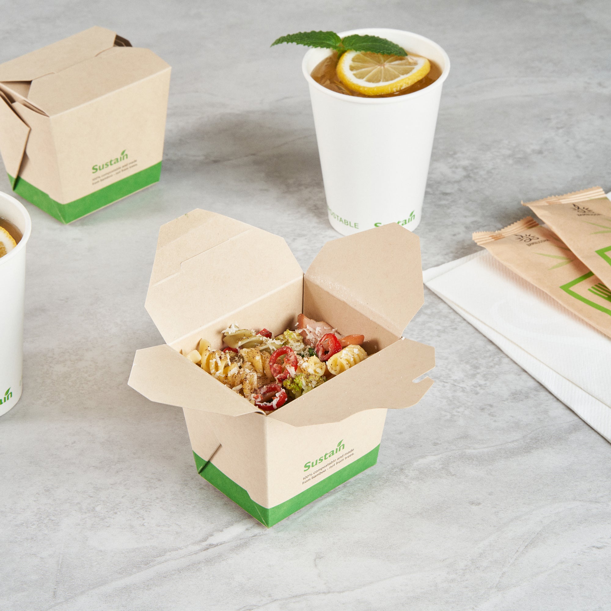 Sustain 16 oz Square Bamboo Paper Noodle Take Out Container - with PLA Lining, Compostable - 3 1/2" x 3" x 3 1/4" - 50 count box