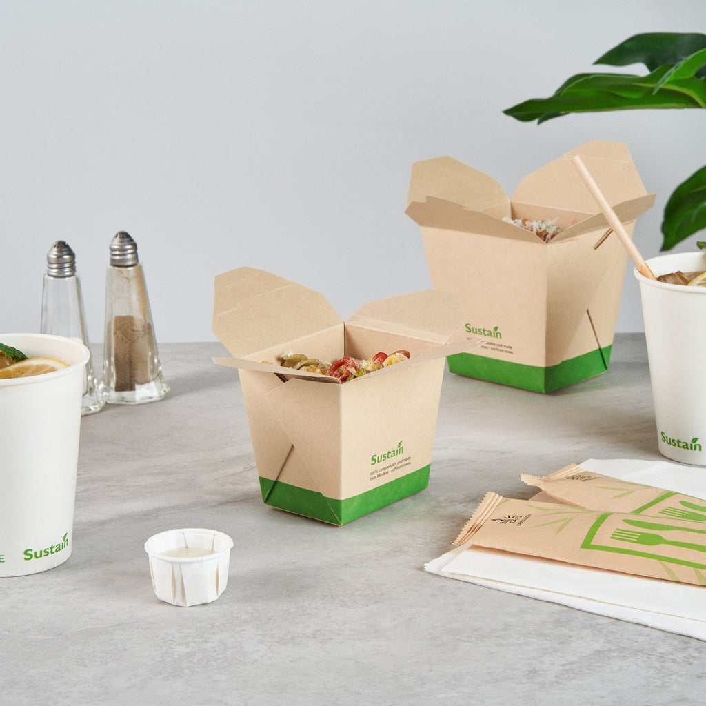 Sustain 16 oz Square Bamboo Paper Noodle Take Out Container - with PLA Lining, Compostable - 3 1/2" x 3" x 3 1/4" - 50 count box