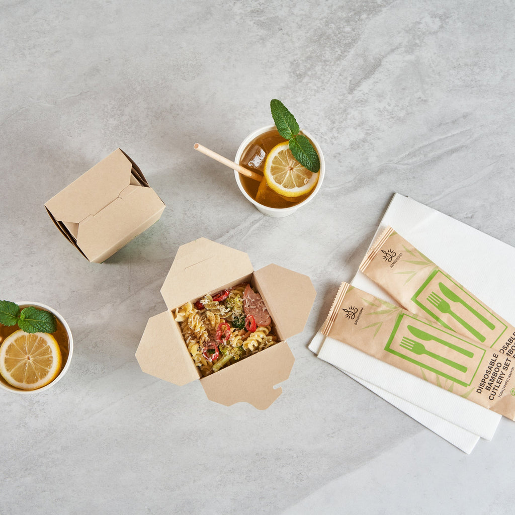 Sustain 16 oz Square Bamboo Paper Noodle Take Out Container - with PLA Lining, Compostable - 3 1/2" x 3" x 3 1/4" - 50 count box