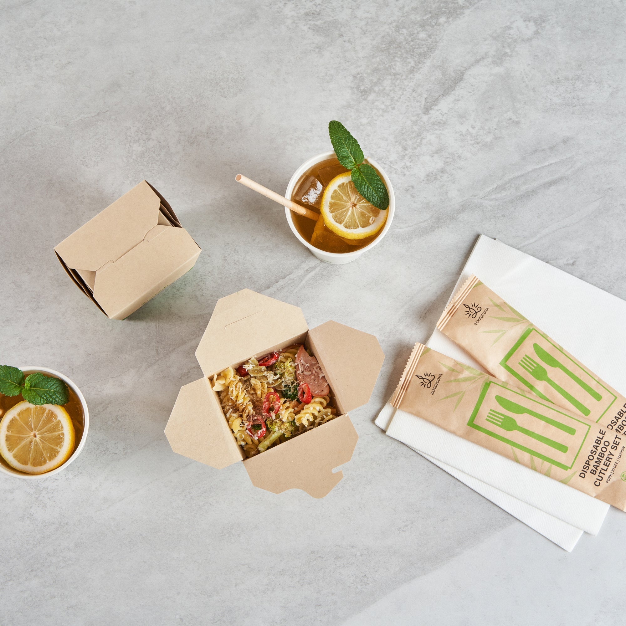 Sustain 16 oz Square Bamboo Paper Noodle Take Out Container - with PLA Lining, Compostable - 3 1/2" x 3" x 3 1/4" - 50 count box