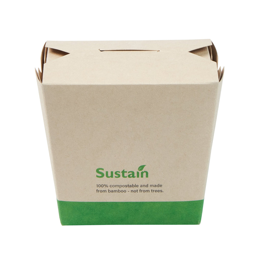 Sustain 16 oz Square Bamboo Paper Noodle Take Out Container - with PLA Lining, Compostable - 3 1/2" x 3" x 3 1/4" - 200 count box