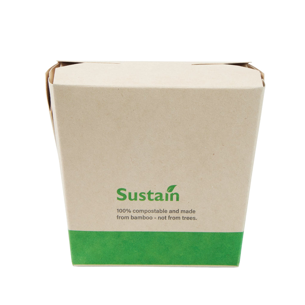 Sustain 16 oz Square Bamboo Paper Noodle Take Out Container - with PLA Lining, Compostable - 3 1/2" x 3" x 3 1/4" - 200 count box