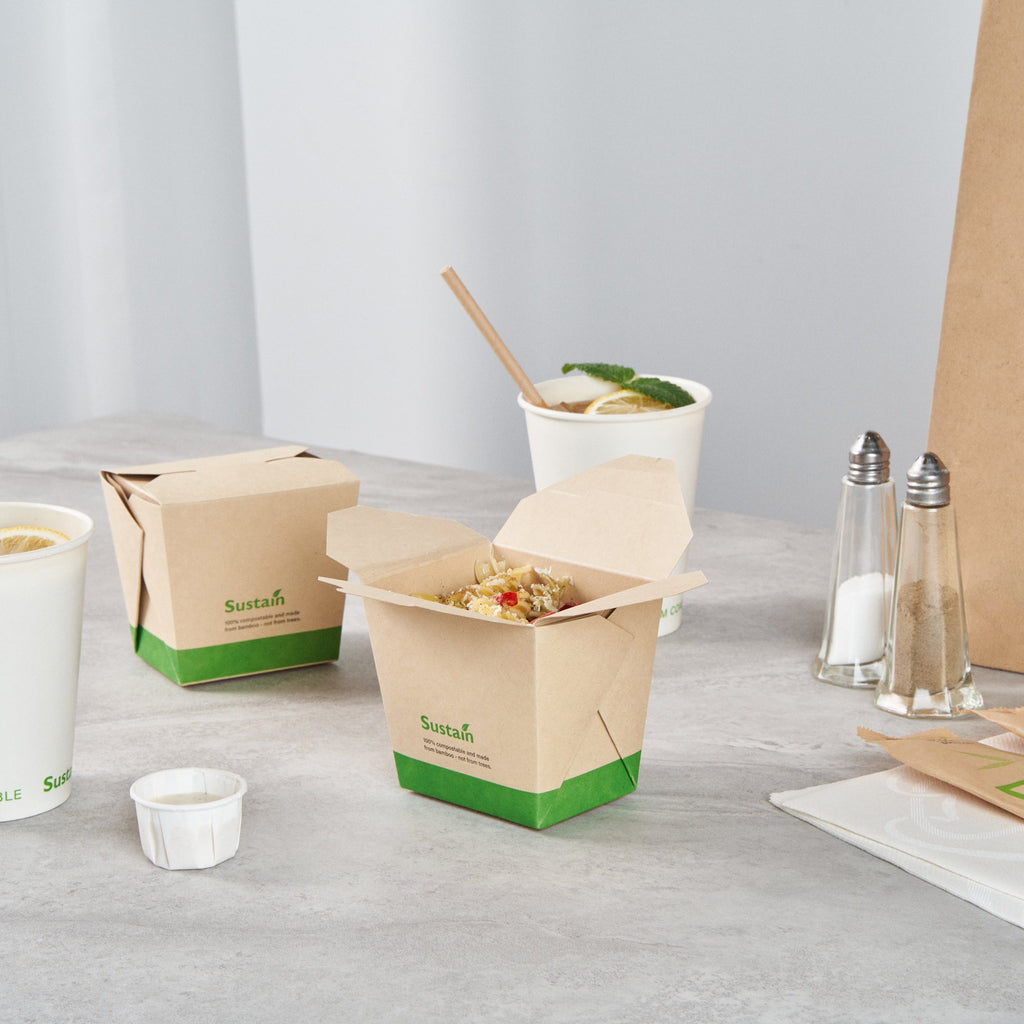 Sustain 16 oz Square Bamboo Paper Noodle Take Out Container - with PLA Lining, Compostable - 3 1/2" x 3" x 3 1/4" - 200 count box