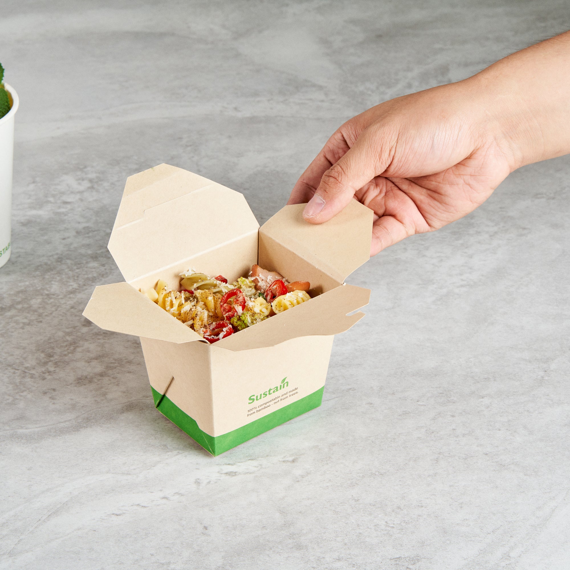Sustain 16 oz Square Bamboo Paper Noodle Take Out Container - with PLA Lining, Compostable - 3 1/2" x 3" x 3 1/4" - 200 count box