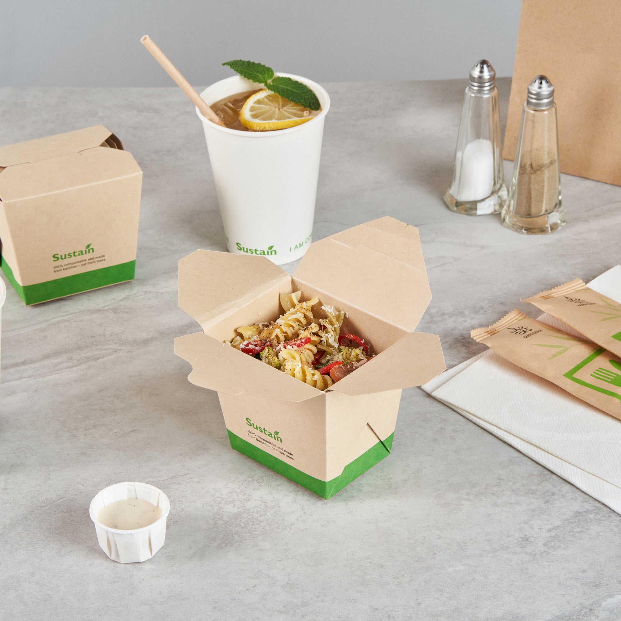 Sustain 16 oz Square Bamboo Paper Noodle Take Out Container - with PLA Lining, Compostable - 3 1/2" x 3" x 3 1/4" - 200 count box