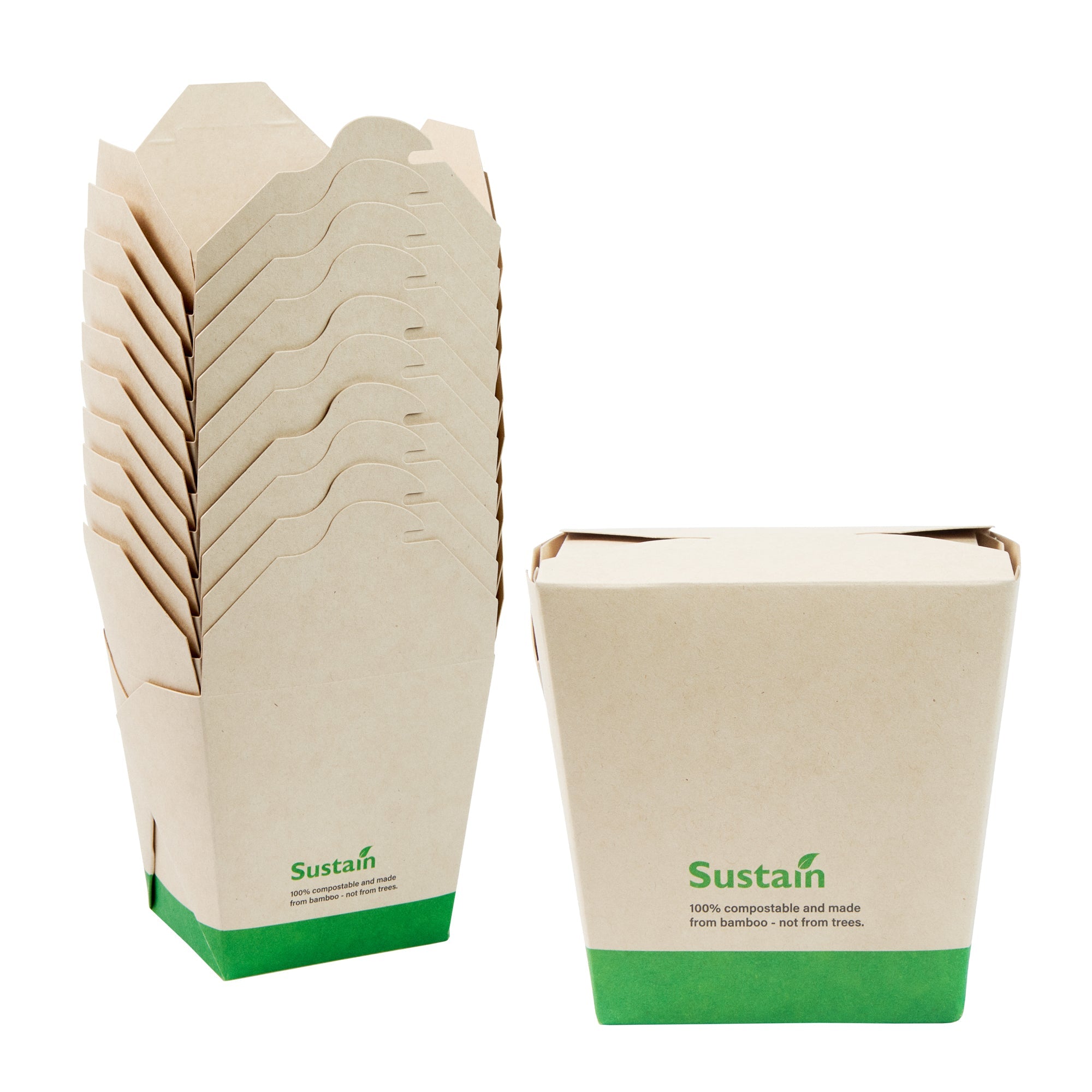 Sustain 26 oz Square Bamboo Paper Noodle Take Out Container - with PLA Lining, Compostable - 4" x 3 1/2" x 4" - 50 count box