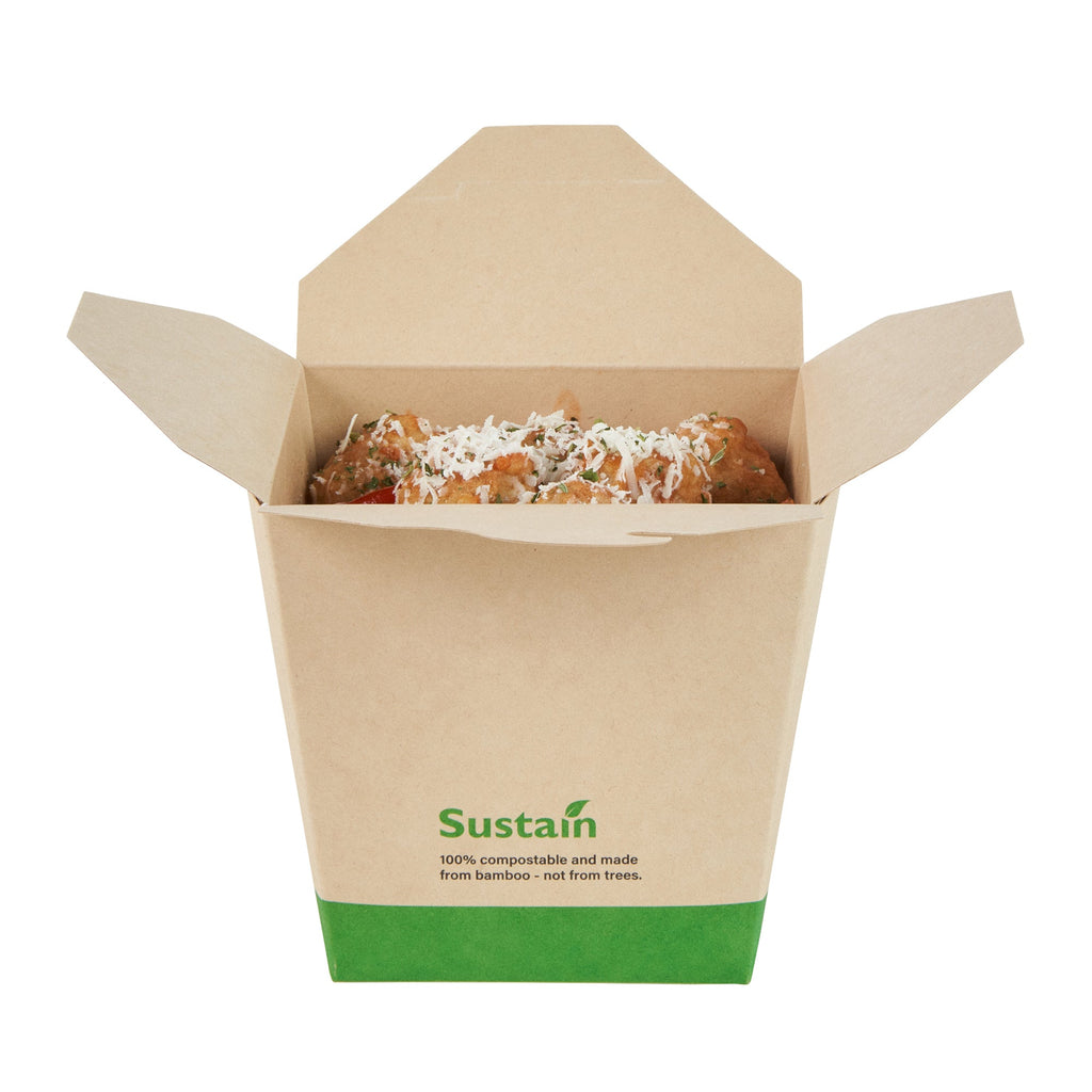 Sustain 26 oz Square Bamboo Paper Noodle Take Out Container - with PLA Lining, Compostable - 4" x 3 1/2" x 4" - 50 count box
