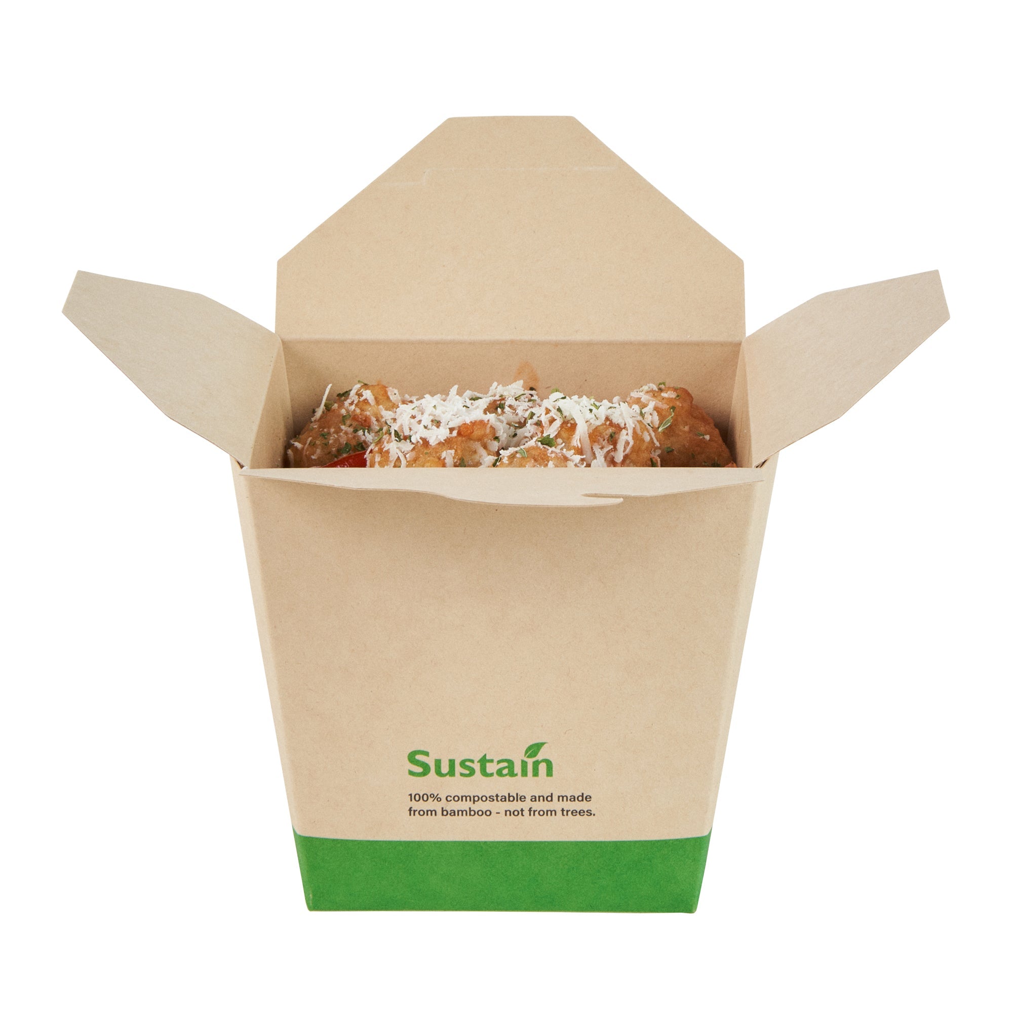 Sustain 26 oz Square Bamboo Paper Noodle Take Out Container - with PLA Lining, Compostable - 4" x 3 1/2" x 4" - 50 count box