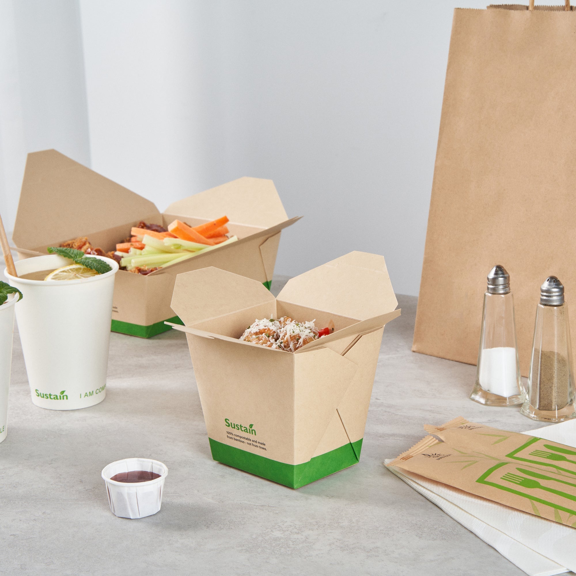 Sustain 26 oz Square Bamboo Paper Noodle Take Out Container - with PLA Lining, Compostable - 4" x 3 1/2" x 4" - 50 count box