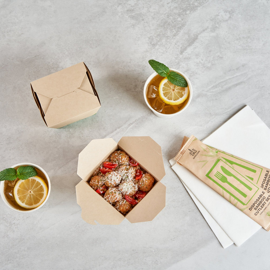 Sustain 26 oz Square Bamboo Paper Noodle Take Out Container - with PLA Lining, Compostable - 4" x 3 1/2" x 4" - 50 count box