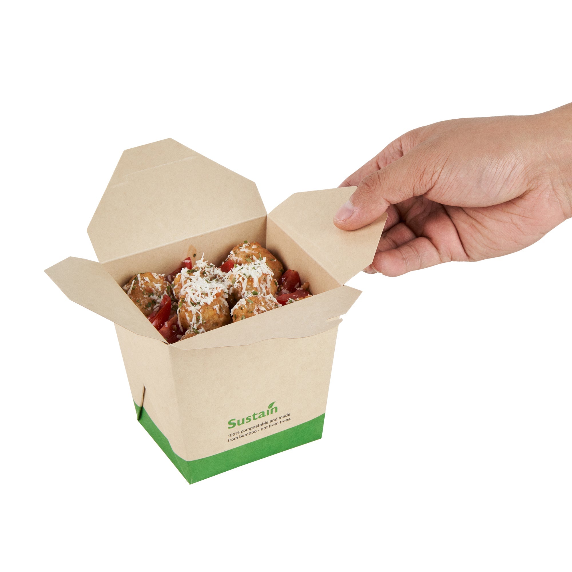 Sustain 26 oz Square Bamboo Paper Noodle Take Out Container - with PLA Lining, Compostable - 4" x 3 1/2" x 4" - 200 count box