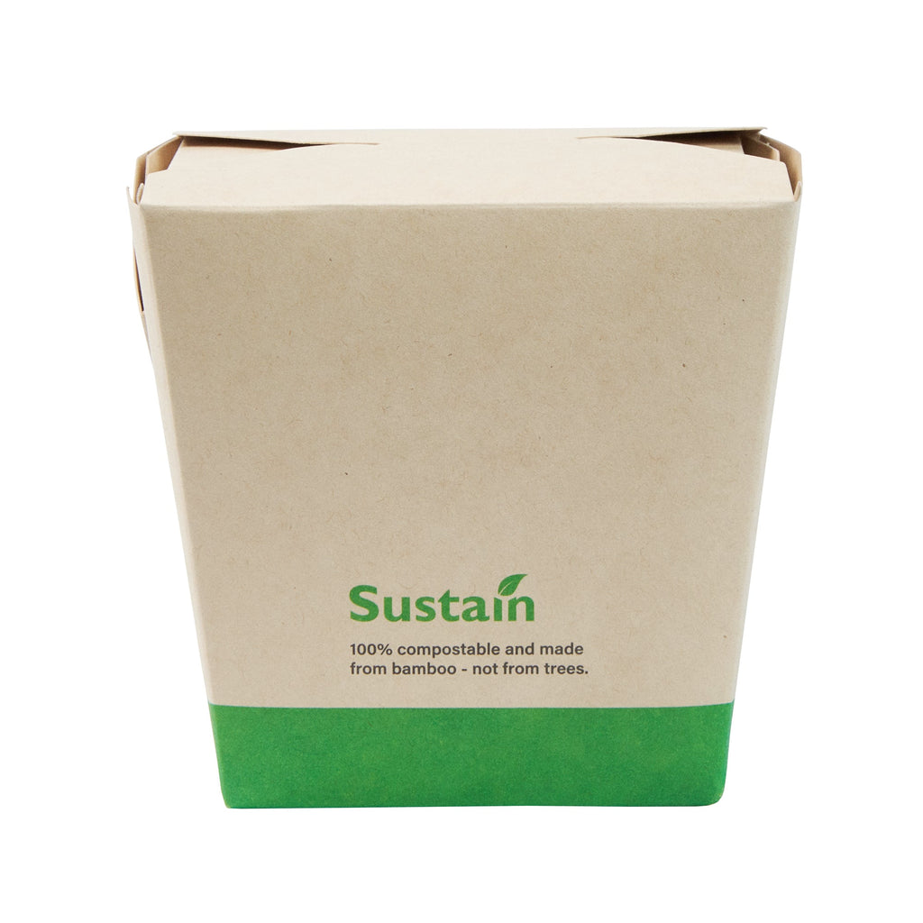 Sustain 26 oz Square Bamboo Paper Noodle Take Out Container - with PLA Lining, Compostable - 4" x 3 1/2" x 4" - 200 count box