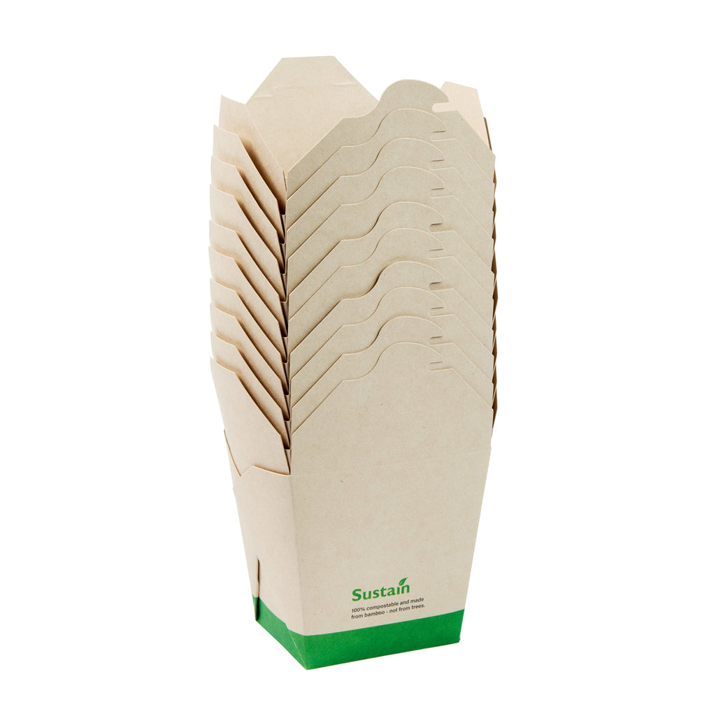 Sustain 26 oz Square Bamboo Paper Noodle Take Out Container - with PLA Lining, Compostable - 4" x 3 1/2" x 4" - 200 count box