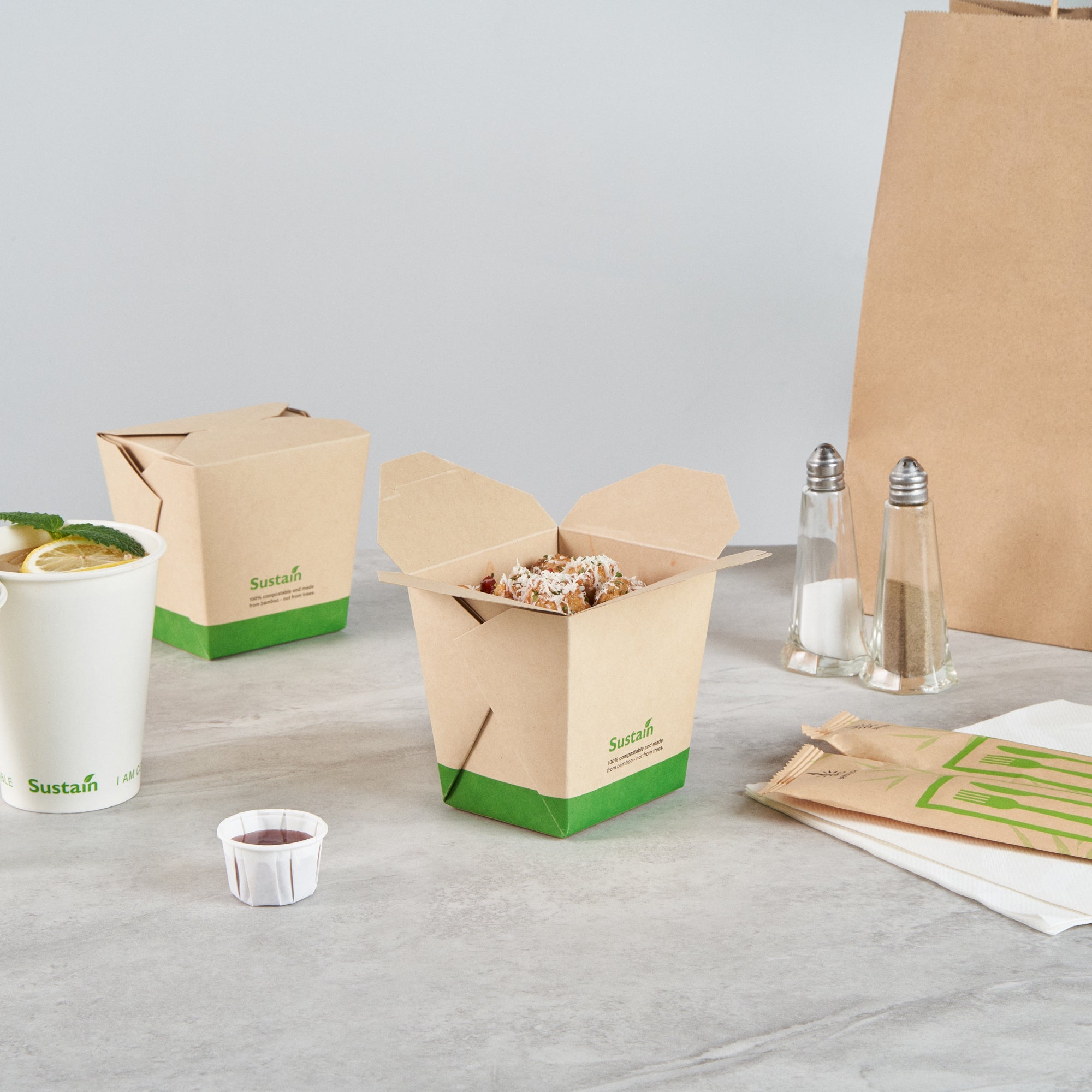 Sustain 26 oz Square Bamboo Paper Noodle Take Out Container - with PLA Lining, Compostable - 4" x 3 1/2" x 4" - 200 count box