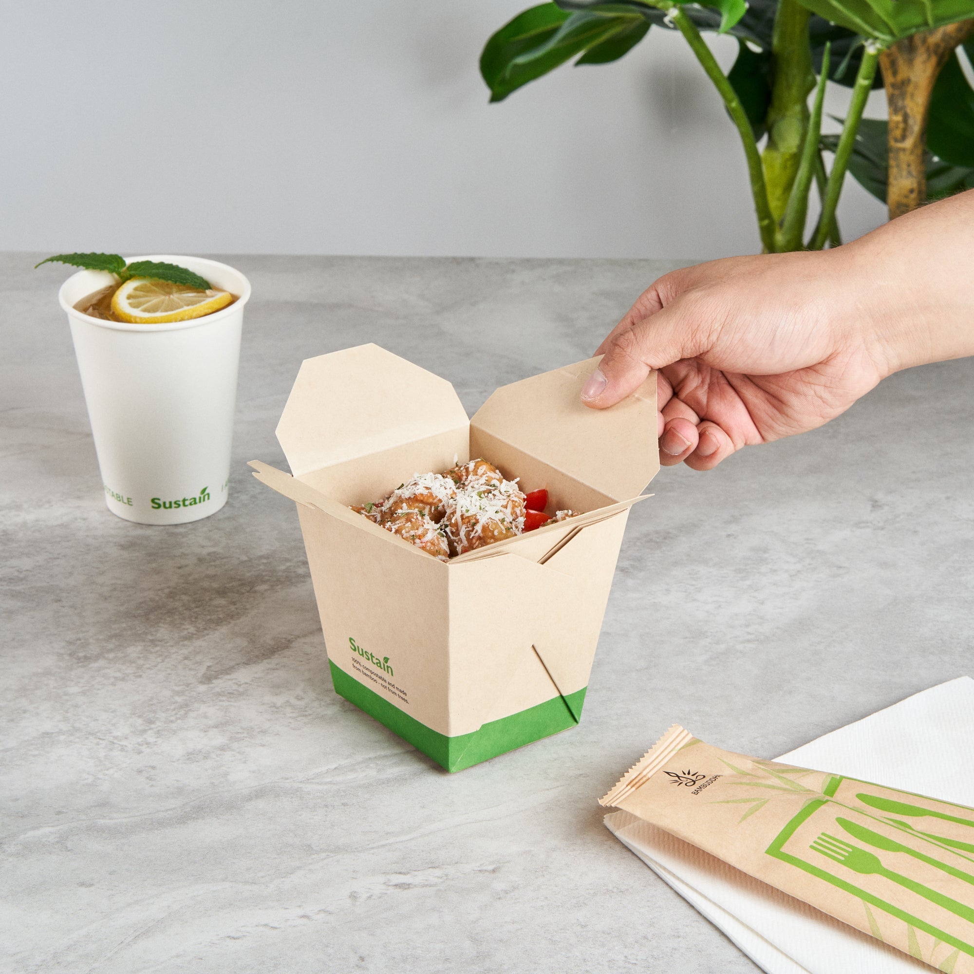Sustain 26 oz Square Bamboo Paper Noodle Take Out Container - with PLA Lining, Compostable - 4" x 3 1/2" x 4" - 200 count box