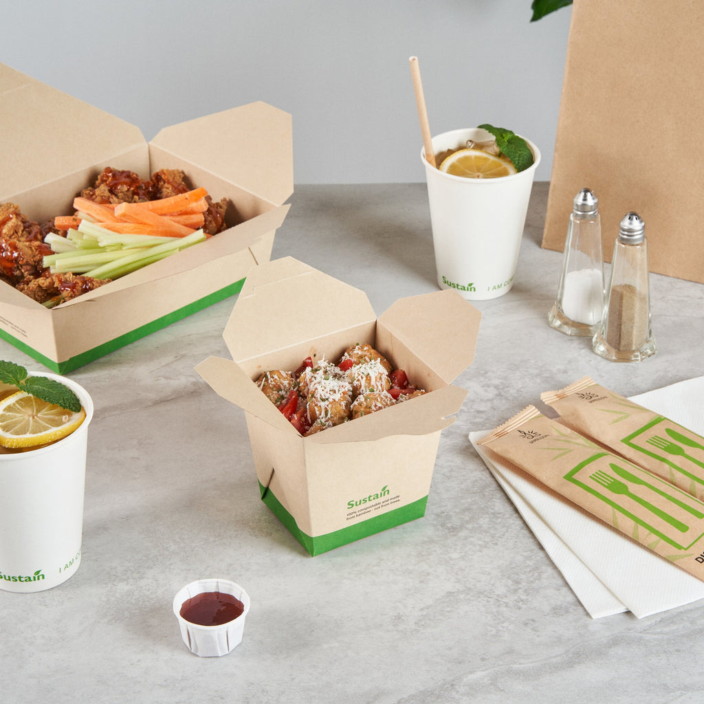 Sustain 26 oz Square Bamboo Paper Noodle Take Out Container - with PLA Lining, Compostable - 4" x 3 1/2" x 4" - 200 count box