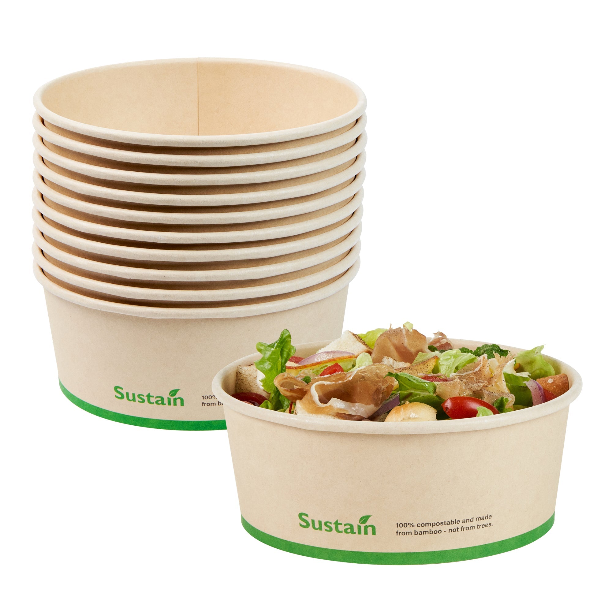 Sustain 25 oz Round Bamboo Paper Salad Container - with PLA Lining, Compostable - 6" x 6" x 2 1/2" - 50 count box