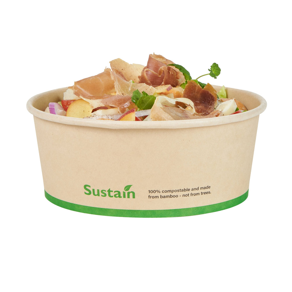 Sustain 25 oz Round Bamboo Paper Salad Container - with PLA Lining, Compostable - 6" x 6" x 2 1/2" - 50 count box