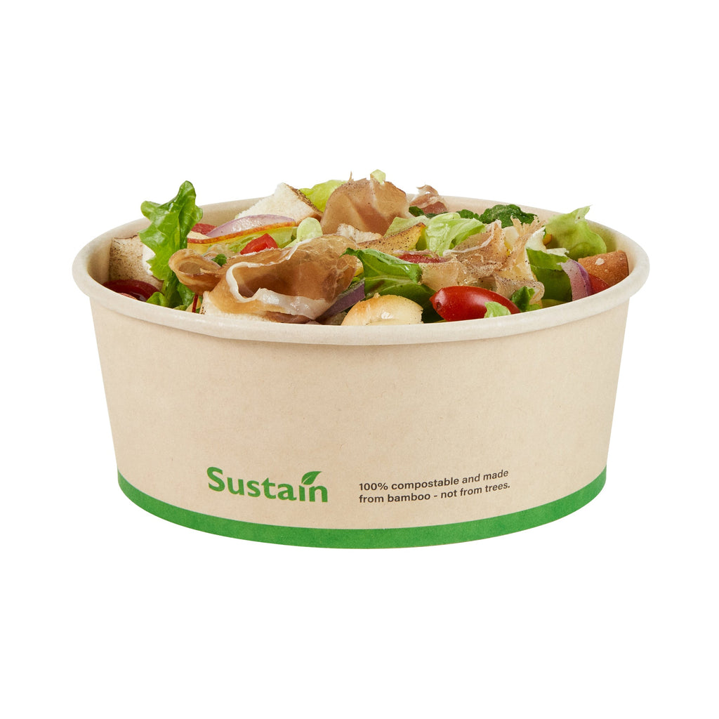 Sustain 25 oz Round Bamboo Paper Salad Container - with PLA Lining, Compostable - 6" x 6" x 2 1/2" - 50 count box