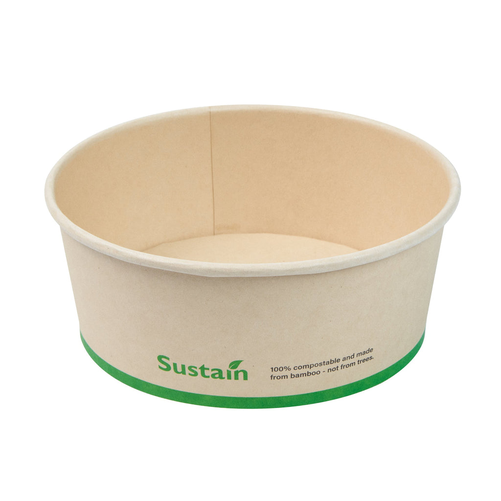Sustain 25 oz Round Bamboo Paper Salad Container - with PLA Lining, Compostable - 6" x 6" x 2 1/2" - 50 count box
