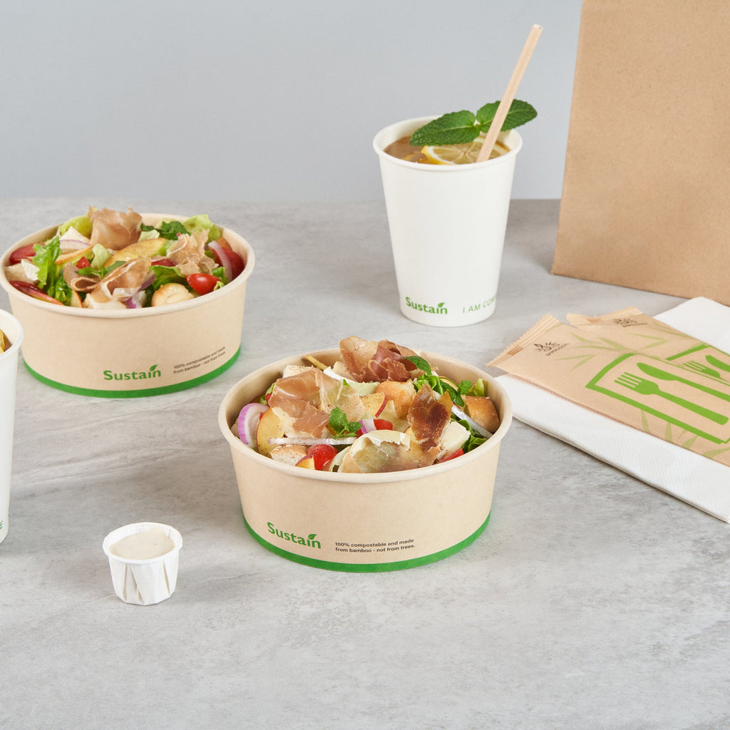Sustain 25 oz Round Bamboo Paper Salad Container - with PLA Lining, Compostable - 6" x 6" x 2 1/2" - 50 count box