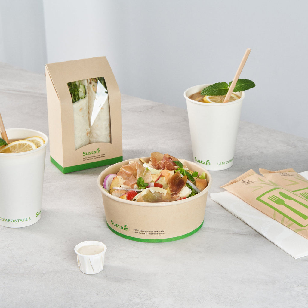 Sustain 25 oz Round Bamboo Paper Salad Container - with PLA Lining, Compostable - 6" x 6" x 2 1/2" - 50 count box