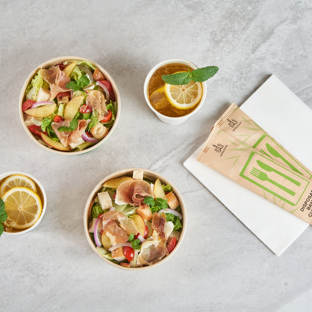 Sustain 25 oz Round Bamboo Paper Salad Container - with PLA Lining, Compostable - 6" x 6" x 2 1/2" - 50 count box