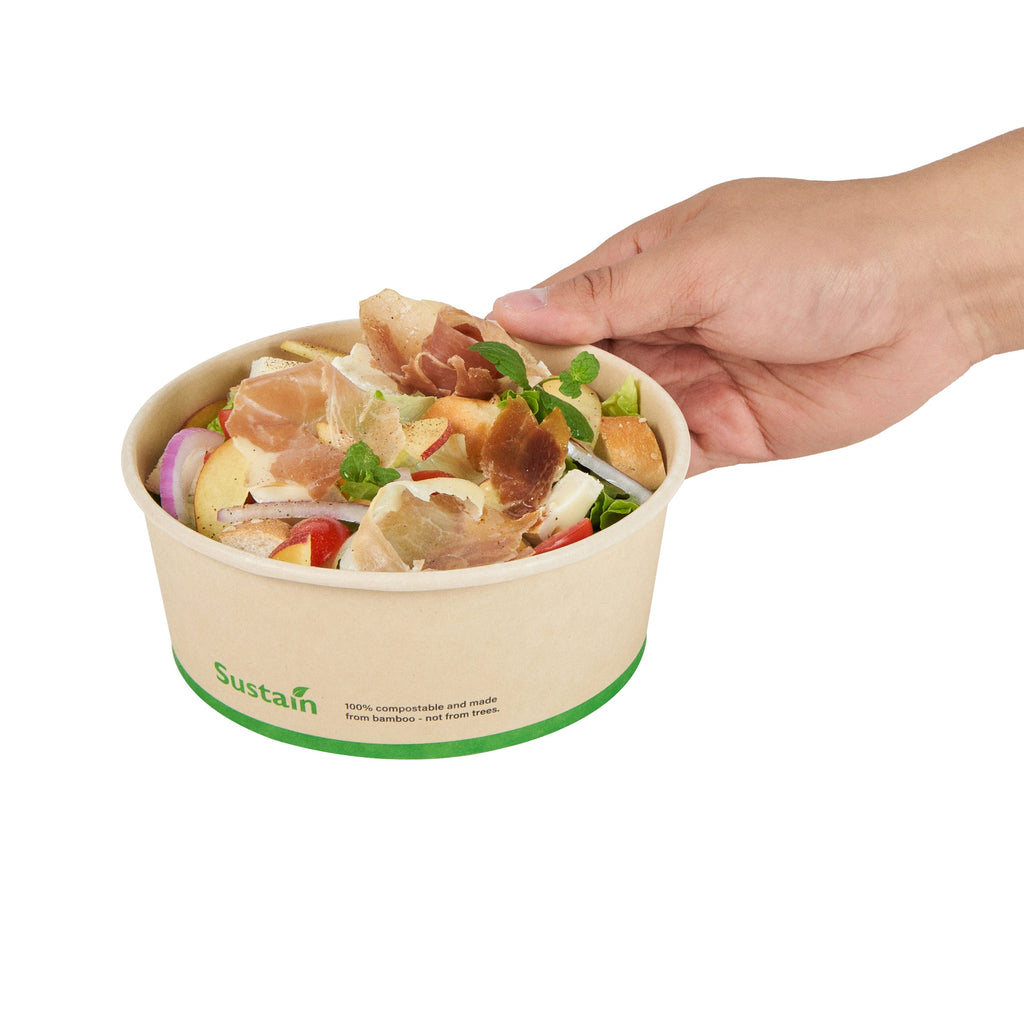 Sustain 25 oz Round Bamboo Paper Salad Container - with PLA Lining, Compostable - 6" x 6" x 2 1/2" - 200 count box