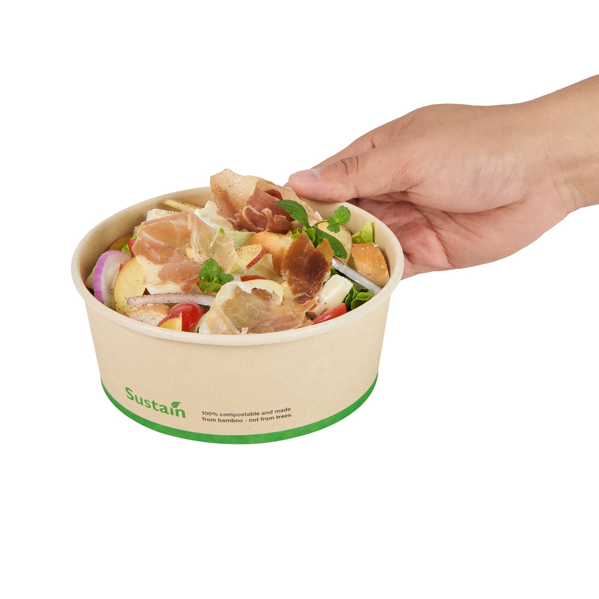 Sustain 25 oz Round Bamboo Paper Salad Container - with PLA Lining, Compostable - 6" x 6" x 2 1/2" - 200 count box