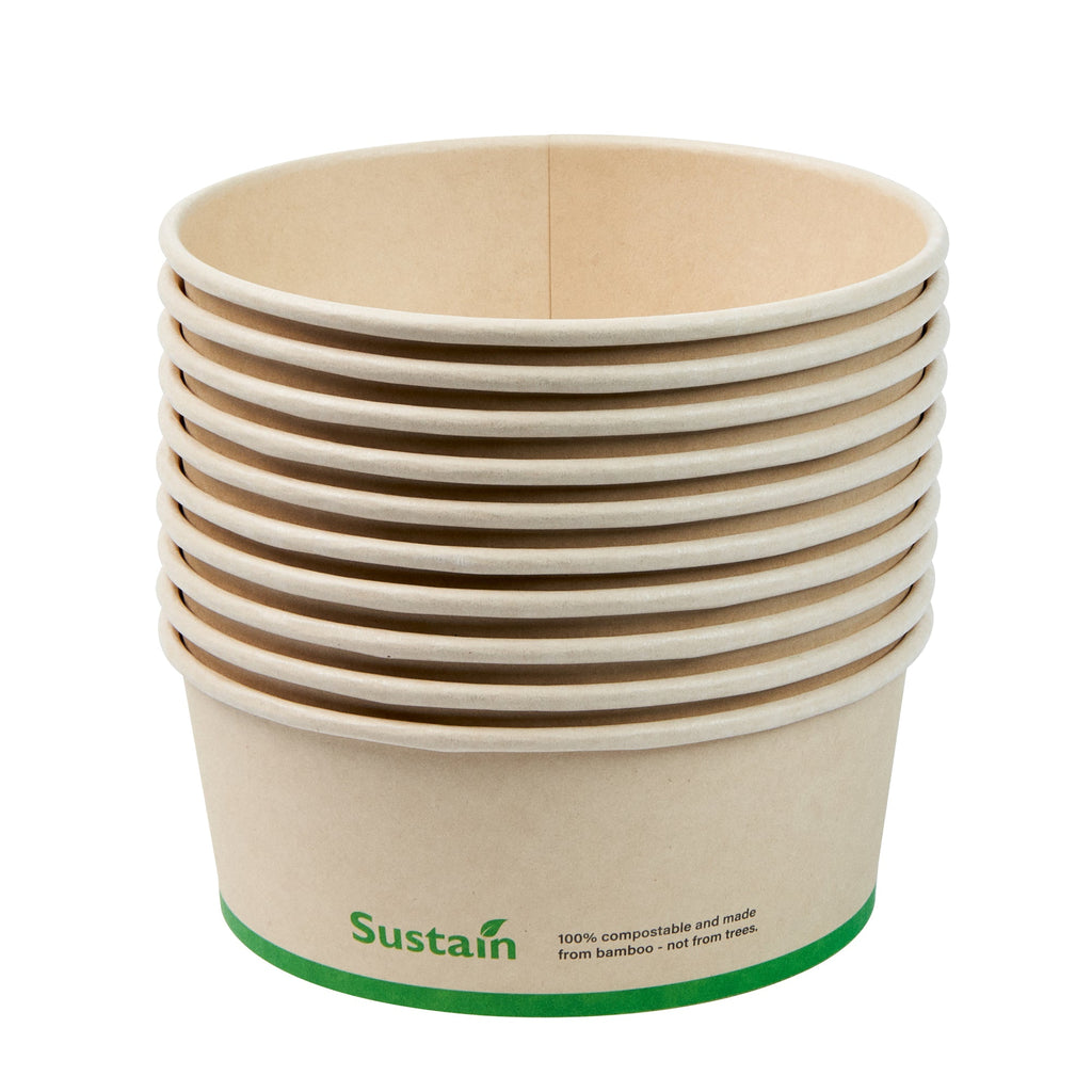 Sustain 25 oz Round Bamboo Paper Salad Container - with PLA Lining, Compostable - 6" x 6" x 2 1/2" - 200 count box