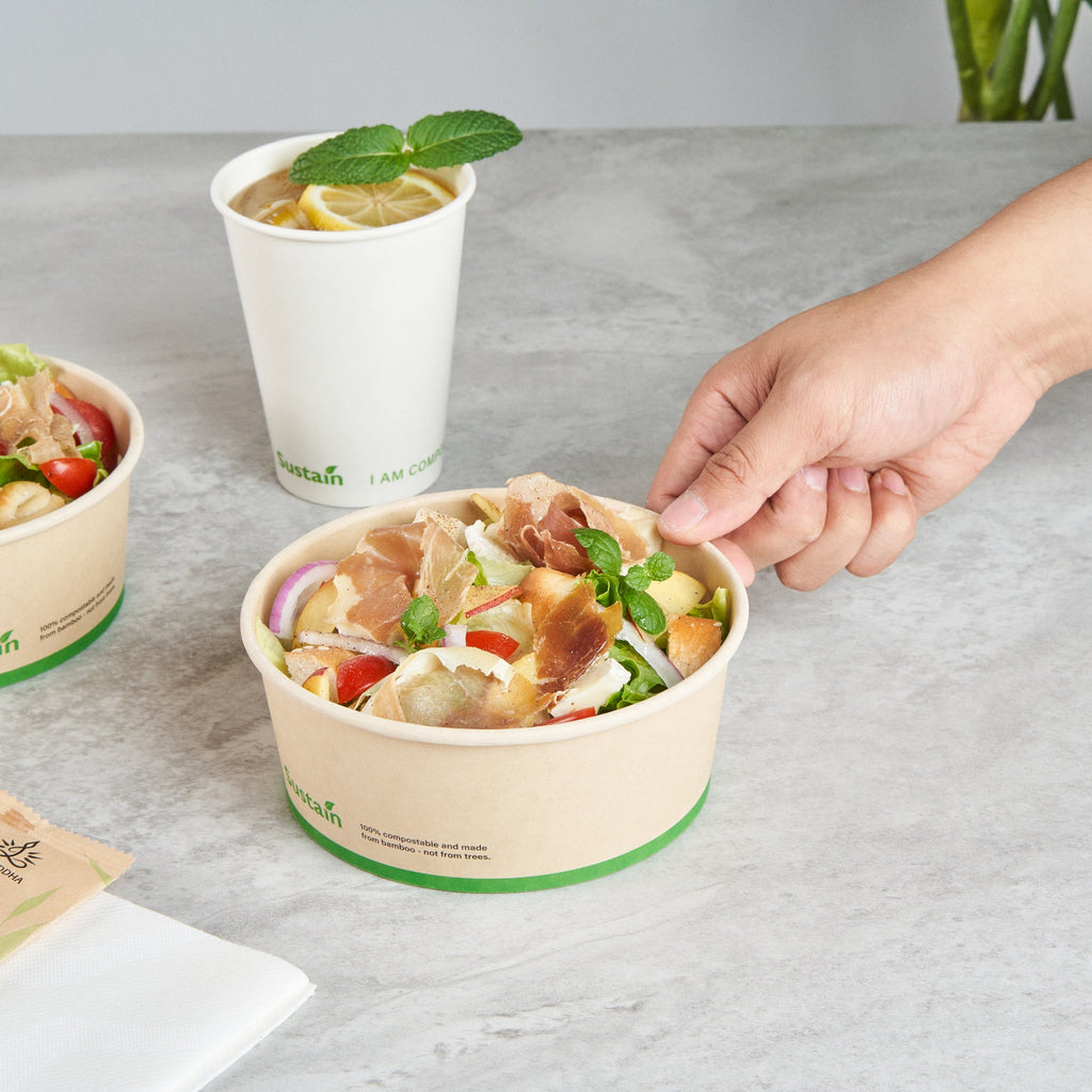 Sustain 25 oz Round Bamboo Paper Salad Container - with PLA Lining, Compostable - 6" x 6" x 2 1/2" - 200 count box