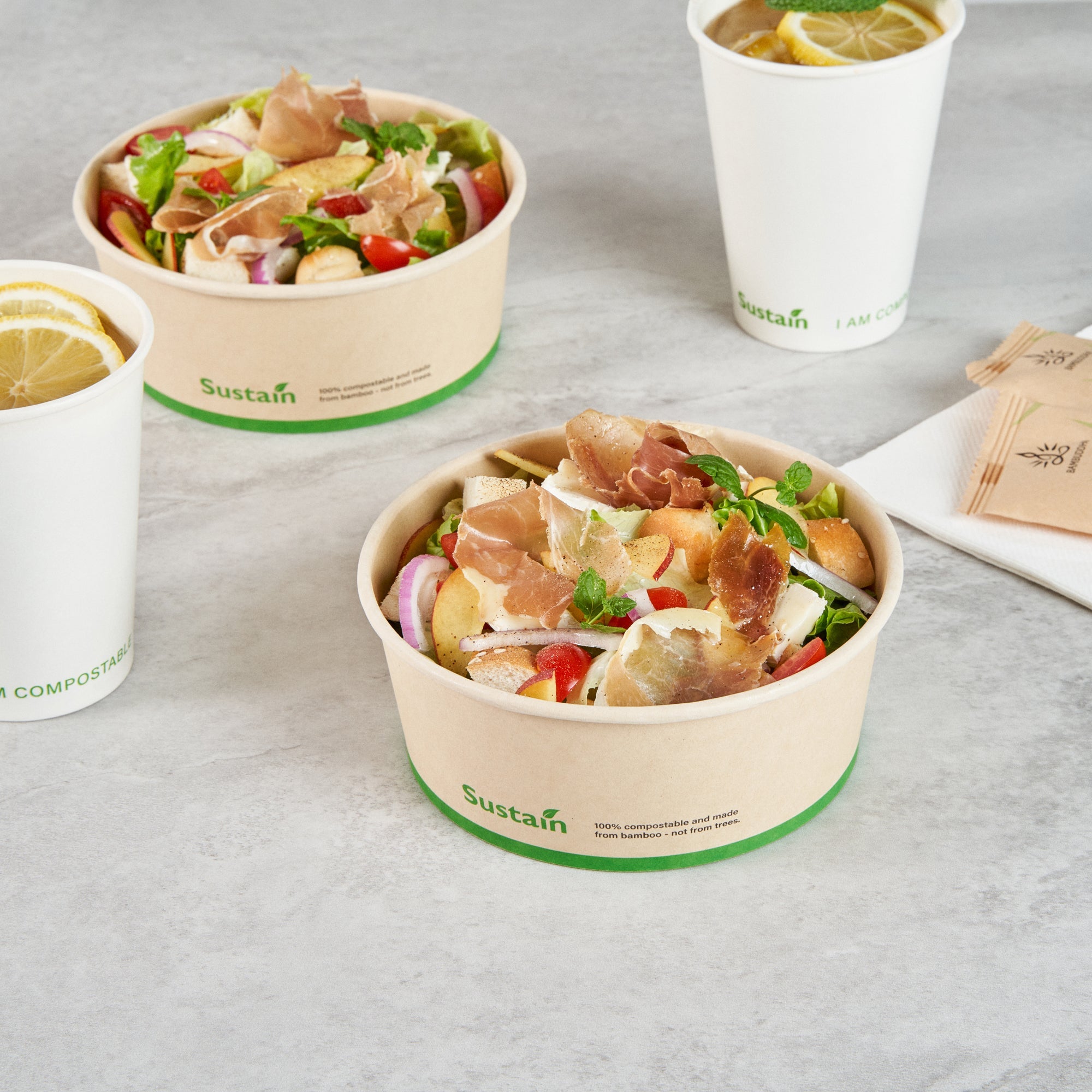 Sustain 25 oz Round Bamboo Paper Salad Container - with PLA Lining, Compostable - 6" x 6" x 2 1/2" - 200 count box