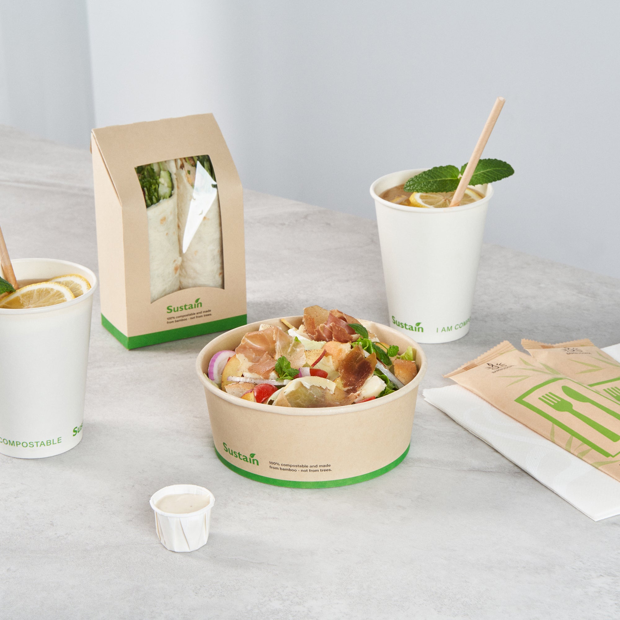 Sustain 25 oz Round Bamboo Paper Salad Container - with PLA Lining, Compostable - 6" x 6" x 2 1/2" - 200 count box