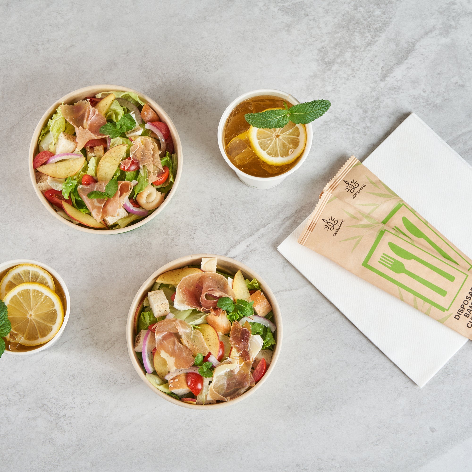 Sustain 25 oz Round Bamboo Paper Salad Container - with PLA Lining, Compostable - 6" x 6" x 2 1/2" - 200 count box