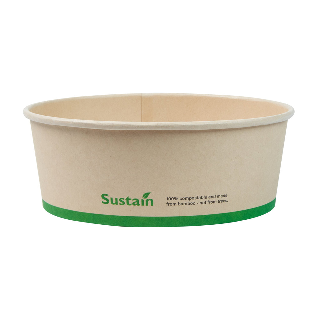 Sustain 44 oz Round Bamboo Paper Salad Container - with PLA Lining, Compostable - 7 1/4" x 7 1/4" x 2 1/2" - 50 count box