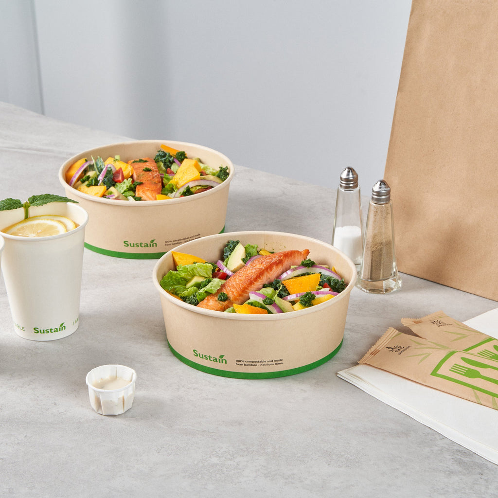 Sustain 44 oz Round Bamboo Paper Salad Container - with PLA Lining, Compostable - 7 1/4" x 7 1/4" x 2 1/2" - 50 count box