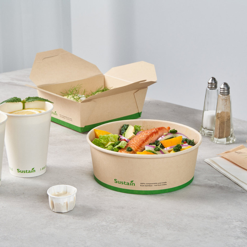 Sustain 44 oz Round Bamboo Paper Salad Container - with PLA Lining, Compostable - 7 1/4" x 7 1/4" x 2 1/2" - 50 count box